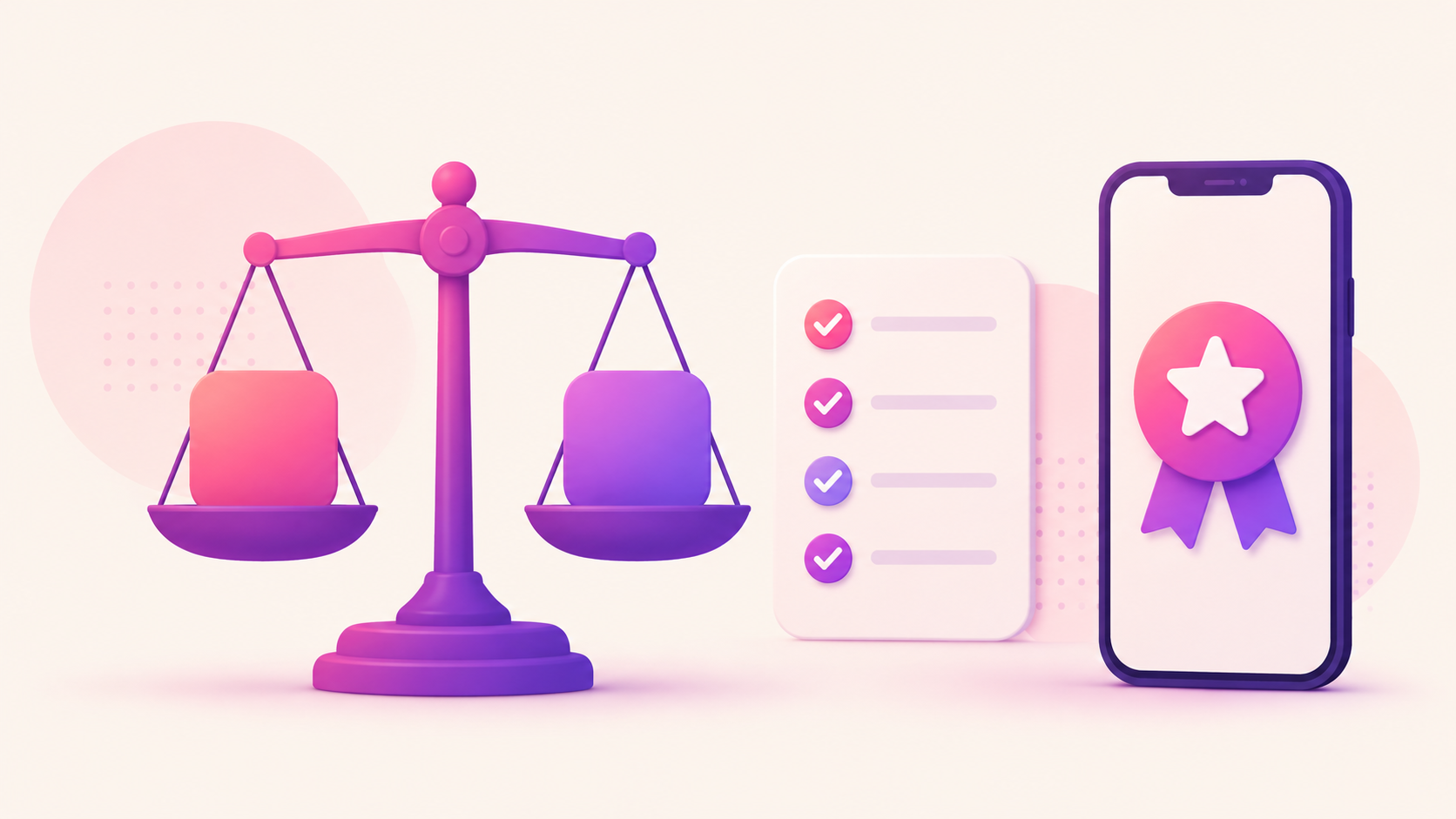 A balance scale comparing two apps, a checklist, and a phone with a winner ribbon, illustrating comparing EngageDM against ManyChat as Instagram automation tools