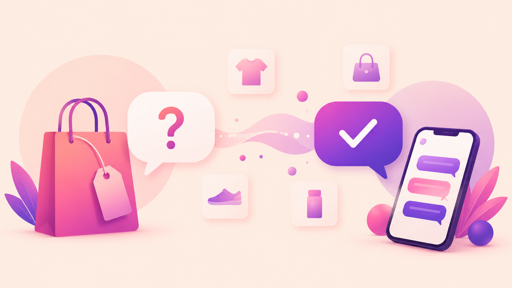 Shopping bag and product icons with a question mark bubble turning into a checkmark chat bubble on a phone, illustrating EngageDM automatically answering D2C product questions on Instagram