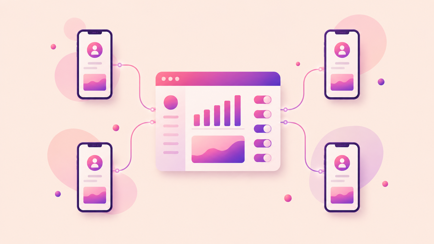 A central dashboard with charts and toggle switches connected to four separate phone icons, illustrating EngageDM managing multiple client Instagram accounts from one dashboard