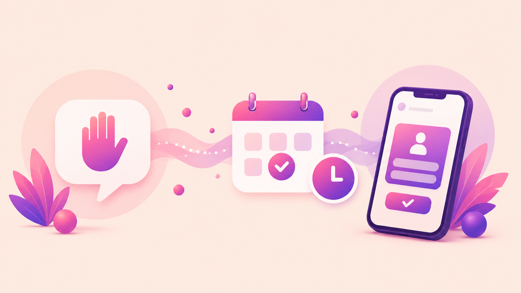 A raised-hand comment bubble turning into a calendar booking with a checkmark and a phone showing a confirmed appointment, illustrating EngageDM turning Instagram comments into booked coaching calls