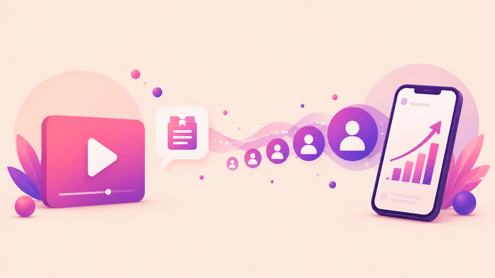 A video play button and gift icon turning into growing subscriber avatars and a rising growth chart on a phone, illustrating EngageDM turning Instagram comments into email subscribers